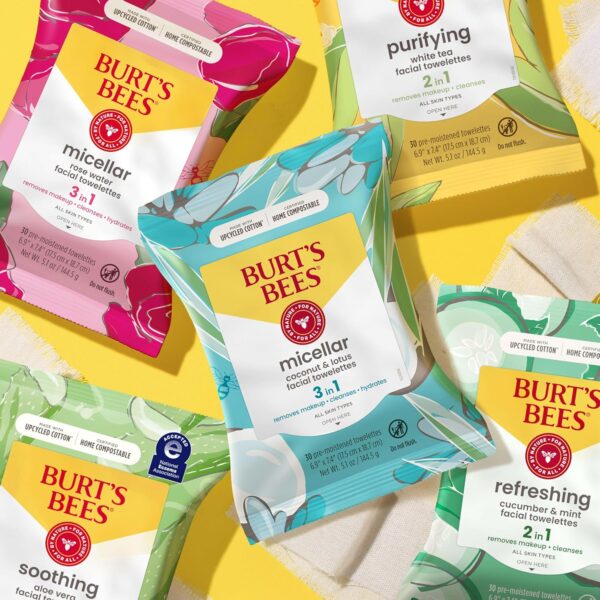 Burt's Bees, Rose Water Face Wipes, for All Skin Types, Hydrating Micellar Makeup Remover & Facial Cleansing Towelettes, 30 Count (1 Pack)