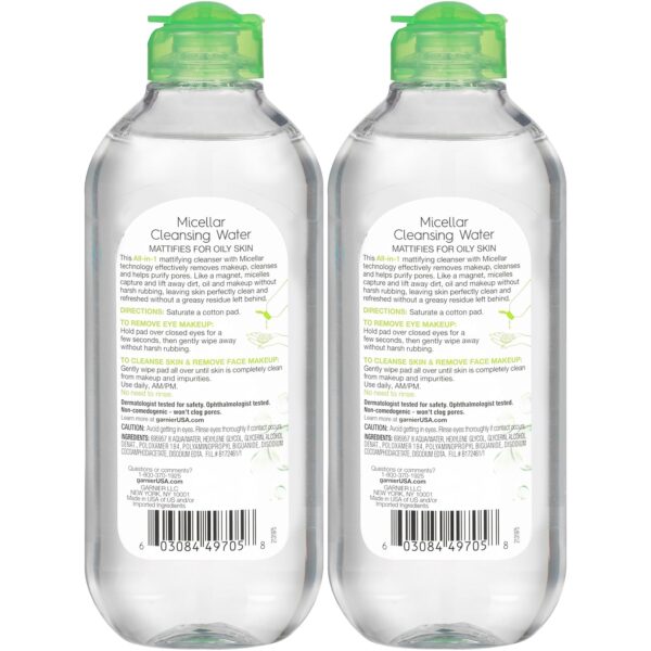 Garnier Micellar Water for Oily Skin, Facial Cleanser & Makeup Remover, Mattifying, For All Skin Types, Vegan, Cruelty Free, 13.5 Fl Oz (400mL), 2 Count