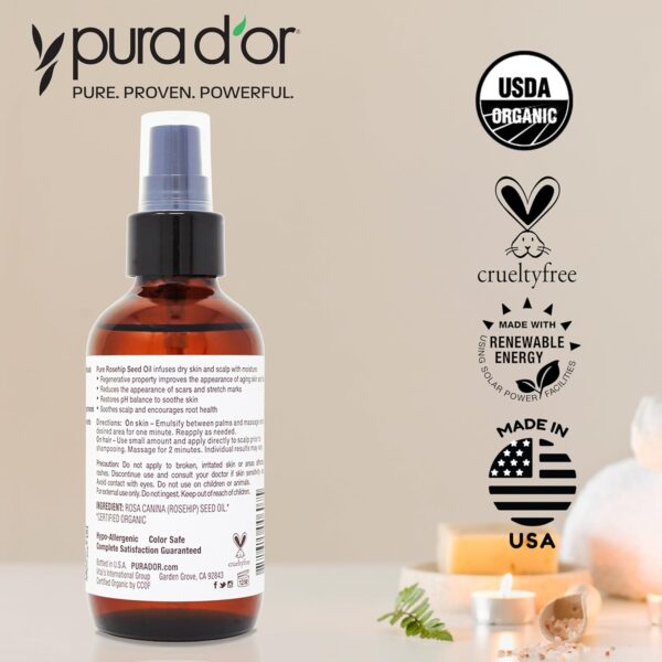 PURA D'OR ORGANIC Rosehip Seed Oil Hair Relaxer (4 Oz x3 = 12 Oz) 100% Pure Cold Pressed USDA Certified All Natural Anti-Aging, Scar Treatment, Gua Sha Massage, Face, Hair & Skin - Women & Men