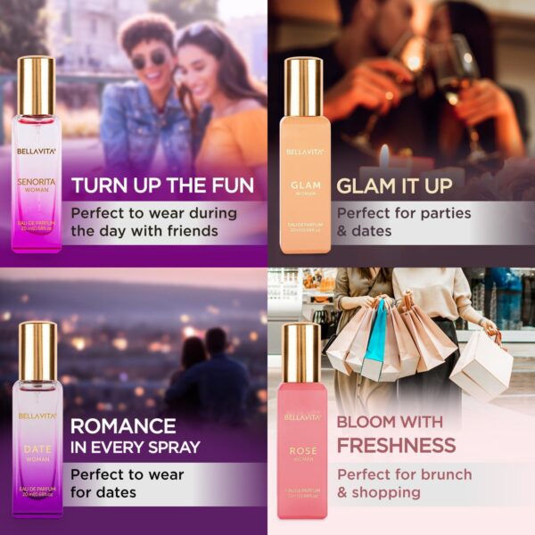 Luxury Long-Lasting Perfume Gift Set for Women | Pack of 4 x 20ml | Floral & Fruity Premium Scents | Date, Senorita, Glam & Rose | Ideal Gift for Birthday, Anniversary, Valentine's Day