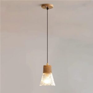 Adjustable Cord Nordic Vintage Pendant Light Jute Rope Handcrafted Textured Glass Hanging Lamp Indoor Decorative Chandelier Lighting Fixture E27 Base for Kitchen Island Dining Room Bedroom Hallway(15c