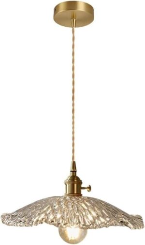 Nordic Glass Leaf Design Pendant Light French Vintage Small Brass Hanging Lamp Suspended Indoor Decorative Chandelier E26 E27 Base for Kitchen Island Indoor Dining Table Living Room Bedroom(Dia-25cm)
