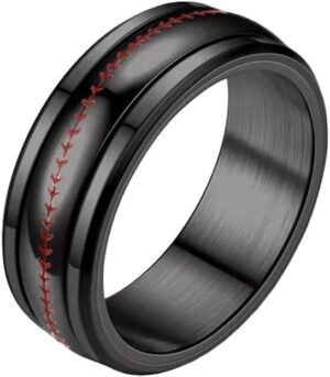 Unisex Stainless Steel 8mm Simple Personality Baseball Pattern Rotatable Fidget Ring Domed Style