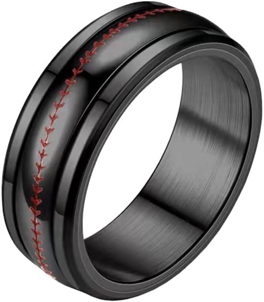 Unisex Stainless Steel 8mm Simple Personality Baseball Pattern Rotatable Fidget Ring Domed Style
