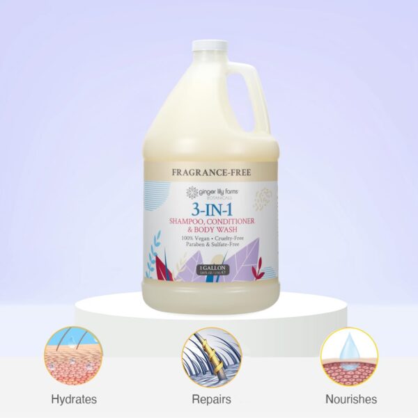 Ginger Lily Farms Botanicals 3-in-1 Shampoo, Conditioner & Body Wash, 100% Vegan & Cruelty-Free, Fragrance Free, 1 Gallon (128 fl oz) Refill