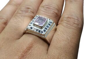 Rose Quartz Signet Mens Ring, Natural Rose Quartz & Blue Zircon April Birthstone, Heavy Men Ring, 925 Sterling Silver, Mans Ring, Father's day, Mans Wedding Ring, Birthday, Statement Ring