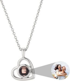 Picture Necklace Personalized for Women - Custom Photo Love Heart Projection Pendant - Customized Portrait Jewelry - Birthday Anniversary Memorial Gifts Wife Mother - Silver