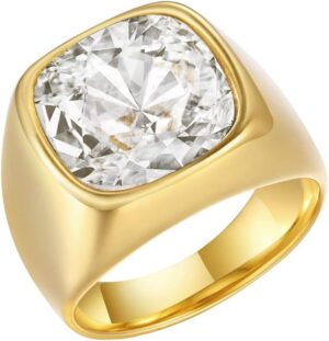 Dainty Square Agate Gemstone Ring Stainless Steel Sparkle Cubic Zirconia Band Rings for Women