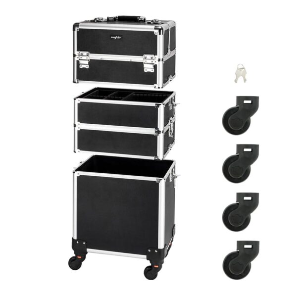 OmySalon 4 in 1 Aluminum Rolling Makeup Train Case, Travel Organizer Cosmetic Case, Cosmetology Display Suitcase Beauty Storage Luggage Lockable w/4 Removable Wheels (Black)