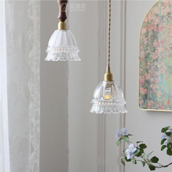 Mid-Century Modern Glass Pendant Light Vintage Style Bell Shaped Hanging Lamp Brass Finish Decorative Chandelier Lighting Fixture E26/27 Base for Kitchen Island Dining Room Cafe Bar Restaurant(Clear)
