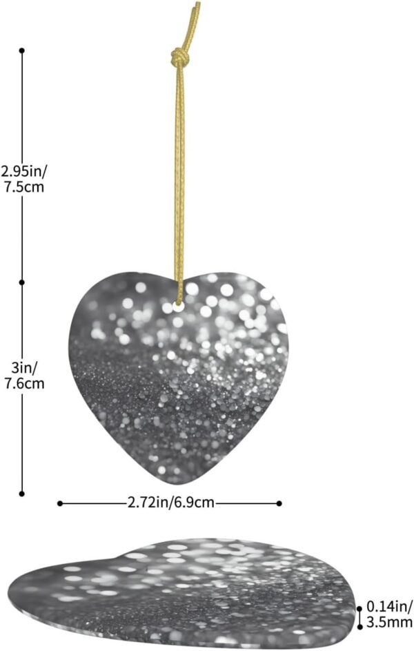 Christmas Ceramic Heart Pendant Decoration for Tree Hanging in Festive Season Shiny Silver Glitter Prints
