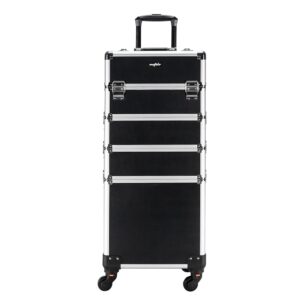 OmySalon 4 in 1 Aluminum Rolling Makeup Train Case, Travel Organizer Cosmetic Case, Cosmetology Display Suitcase Beauty Storage Luggage Lockable w/4 Removable Wheels (Black)