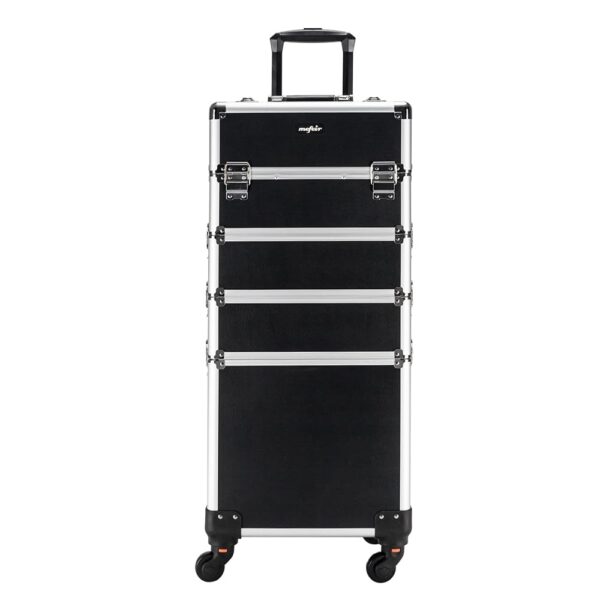 OmySalon 4 in 1 Aluminum Rolling Makeup Train Case, Travel Organizer Cosmetic Case, Cosmetology Display Suitcase Beauty Storage Luggage Lockable w/4 Removable Wheels (Black)