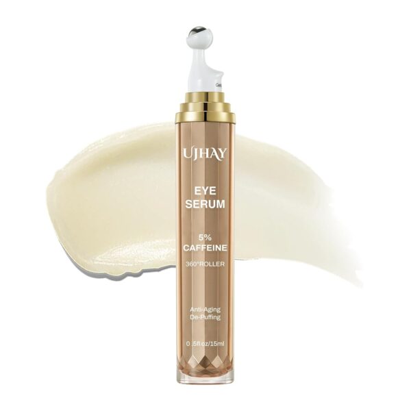 5% Caffeine Eye Cream, Under Eye Serum for Dark Circles, Puffiness & Wrinkles Fine Lines, Eye Roller Serum with 360° Massage Ball, Eye Treatment Balm for Men & Women