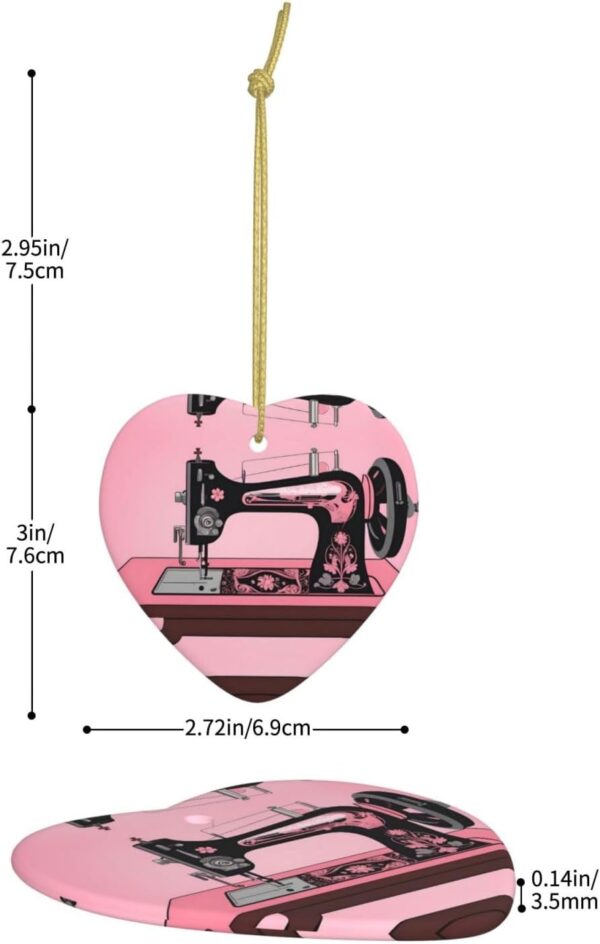 Christmas Ceramic Heart Pendant Decoration for Tree Hanging in Festive Season Vintage Pink Sewing Machine Prints