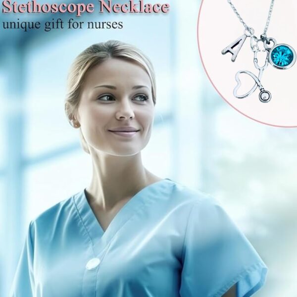 Personalized Nurse Necklace with Initial and Birthstone Charm, Stethoscope Pendant, Custom Jewelry Gift for Nurses, Nursing Students, and Medical Professionals