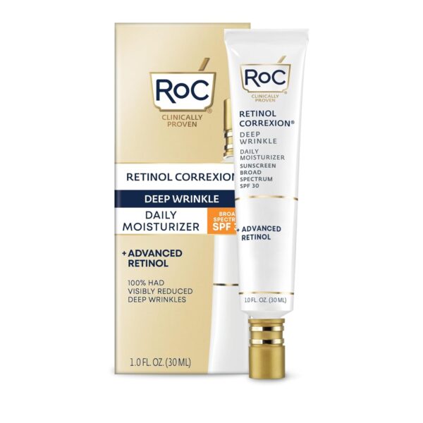 RoC Retinol Correxion Deep Wrinkle Daily Face Moisturizer with Sunscreen SPF 30, Skin Care Treatment for Fine Lines, Dark Spots, Post-Acne Scars, 1 Ounce (Packaging May Vary)