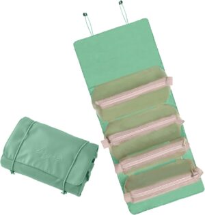 LAKSMI 4-in-1 Hanging Cosmetic Organizer - Portable Detachable Folding Mesh Travel Bag Set with Multiple Compartments, Ideal for Makeup and Toiletries,Green
