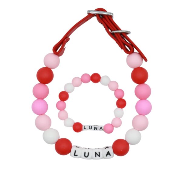 Friendship bracelet dog collar set Adjustable Beaded Name Dog Fashion Collar For Small Medium And Large Dogs Bead Silicone Dog Necklace Handmade Girl Boy Bling Fancy Female Cats Pretty Pearls Perla Cute Rinbow Heavy Duty (Pink Shades)