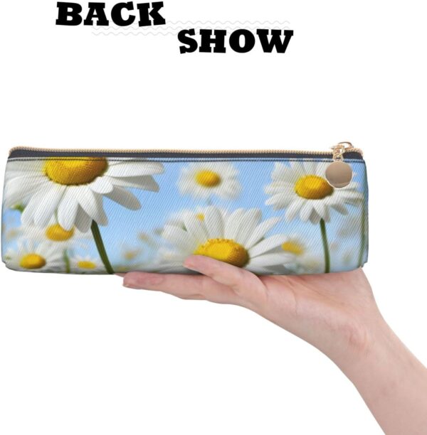 Spring Daisy Flowers Makeup Bag Leather Pencil Case for Work Office Zippered Pen Pouch Aesthetic Pencil Storage Bag Portable Coin Pouch Purse for Travel