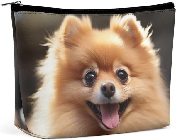 Pomeranian Dog Makeup Bag for Women Portable Travel Toiletry Pouch, PU Leather Cosmetic Bag with Zipper