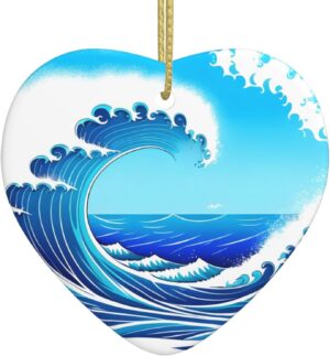Christmas Ceramic Heart Pendant Decoration for Tree Hanging in Festive Season Cartoon Blue sea Wave Prints