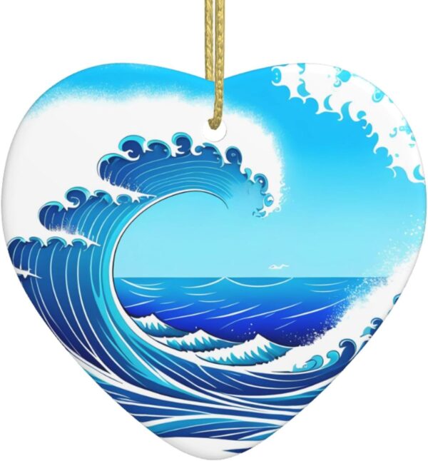 Christmas Ceramic Heart Pendant Decoration for Tree Hanging in Festive Season Cartoon Blue sea Wave Prints
