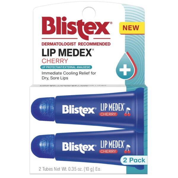 Blistex Cherry Lip Medex, 2 Count, 0.35 oz Each, Advanced Hydration, Medicated Relief with Cooling, Soothes and Protects, Restores Healthy Moisture Balance to Lips, 1 Pack