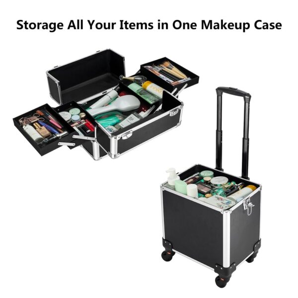 OmySalon 4 in 1 Aluminum Rolling Makeup Train Case, Travel Organizer Cosmetic Case, Cosmetology Display Suitcase Beauty Storage Luggage Lockable w/4 Removable Wheels (Black)