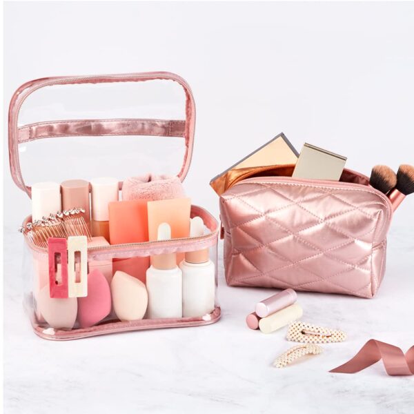 Conair Travel Makeup Bag, Large Toiletry and Cosmetic Bag, Perfect Size for Use At Home or Travel, Two Piece Train Case Set in Rose Pink Metallic Quilt