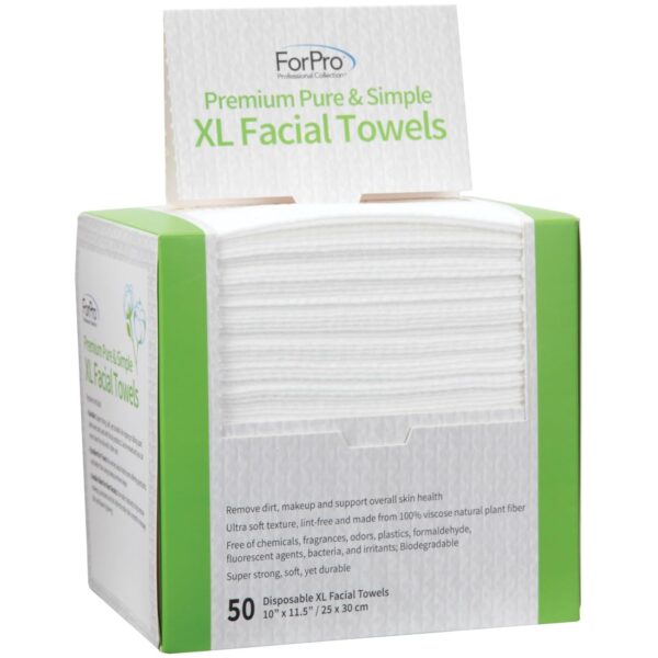 ForPro Premium Pure & Simple XL Facial Towels, Disposable Makeup Remover Dry Wipes, Ultra Soft Lint-Free Biodegradable Face Towels, 100% Vegan & Cruelty-Free, 50-Count