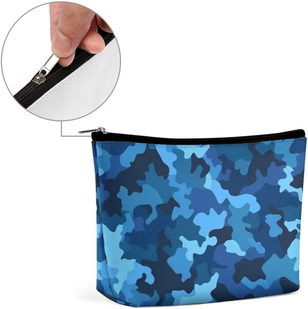 Blue Camo Makeup Bag for Women Portable Travel Toiletry Pouch, PU Leather Cosmetic Bag with Zipper