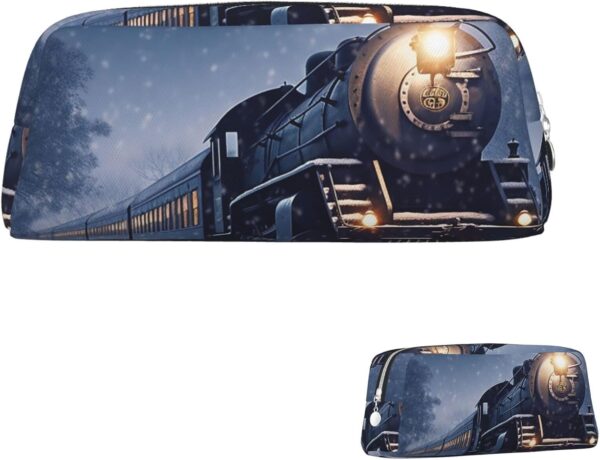 Winter Christmas Snow Night Railway Train Pencil Pouch Large Capacity Pencil Case Leather Cosmetic Bag Office Desk Organizer Coin Pouch Portable Zipper Toiletry Bag for Travel Outdoor