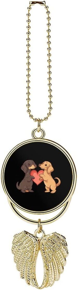 Dachshund Dogs with Love Heart Car Hanging Ornament Pendant Rear View Mirror Accessories Interior Decor Golden-Style