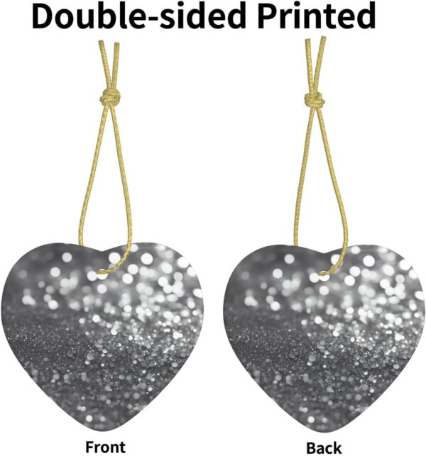 Christmas Ceramic Heart Pendant Decoration for Tree Hanging in Festive Season Shiny Silver Glitter Prints