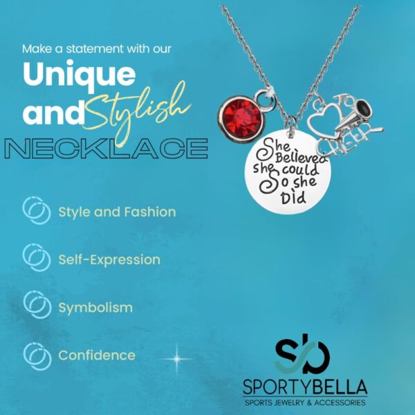 Infinity Collection - Personalized Cheer Charm Necklace with Birthstone Charm - 'She Believed She Could' Cheerleading Jewelry Gift for Cheerleaders