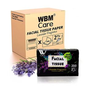 WBM Care Super Soft 2-Ply Facial Tissues with Lavender Fragrance, 10000 Total (Pack of 50) 200 Sheets per Box | 100% Natural Wood Pulp