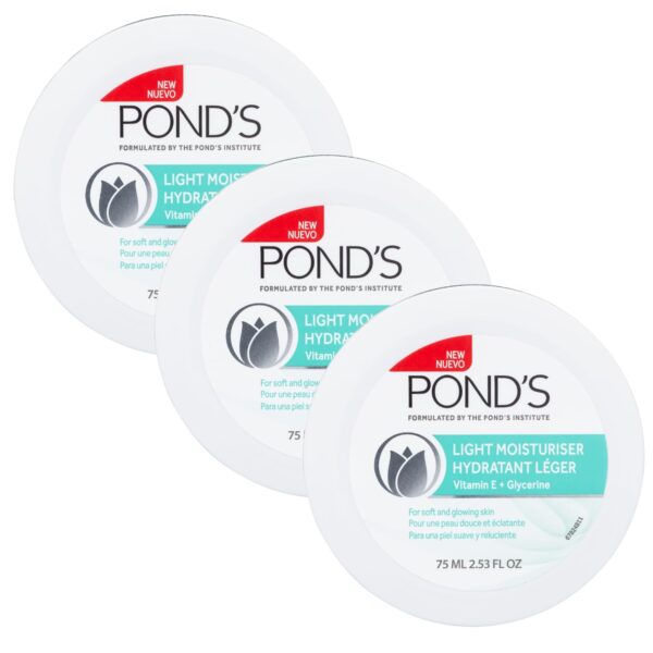 Pond's Light Moisturizer Cream, For Soft and Glowing Skin, Vitamin E, 3-Pack of 2.53 Fl Oz Each
