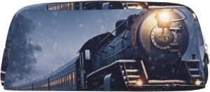 Winter Christmas Snow Night Railway Train Pencil Pouch Large Capacity Pencil Case Leather Cosmetic Bag Office Desk Organizer Coin Pouch Portable Zipper Toiletry Bag for Travel Outdoor