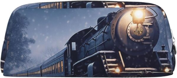 Winter Christmas Snow Night Railway Train Pencil Pouch Large Capacity Pencil Case Leather Cosmetic Bag Office Desk Organizer Coin Pouch Portable Zipper Toiletry Bag for Travel Outdoor