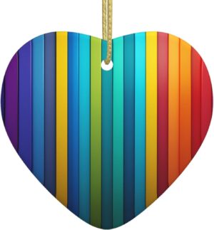 Christmas Ceramic Heart Pendant Decoration for Tree Hanging in Festive Season Rainbow Colored Striped Prints
