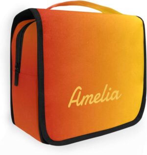 Sinestour Orange Gradient Custom Name Hanging Toiletry Bag Personalized Makeup Cosmetic Bag Travel Toiletry Organizer Large Capacity Cosmetic Case for Toiletries Shaving Brush Storage