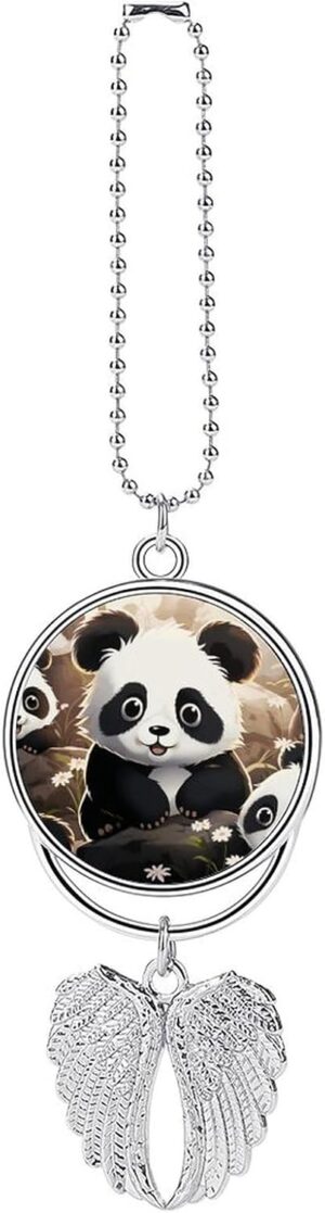 Panda Animal Hanging Car Charm Angel Wings Rear View Mirror Accessories, Handmade Car Hanging Ornament Pendant Interior, Cars Decorations, Personalized Rearview Mirror Accessories-Silver