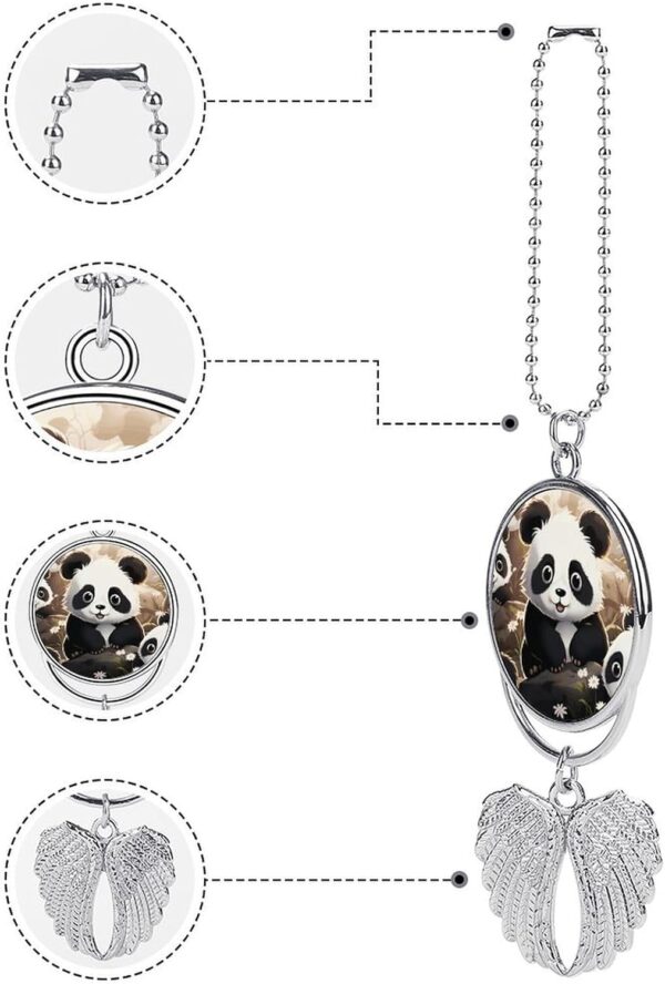 Panda Animal Hanging Car Charm Angel Wings Rear View Mirror Accessories, Handmade Car Hanging Ornament Pendant Interior, Cars Decorations, Personalized Rearview Mirror Accessories-Silver
