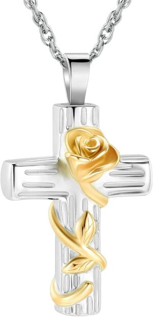 Memorial Jewelry Urn Necklace Cross Entangle Engraved Rose Pendant for Pet Ashes Stainless Steel Woman's Gift Cremation Keepsake-Yellow