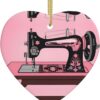 Christmas Ceramic Heart Pendant Decoration for Tree Hanging in Festive Season Vintage Pink Sewing Machine Prints
