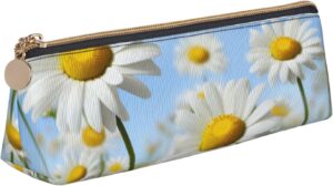 Spring Daisy Flowers Makeup Bag Leather Pencil Case for Work Office Zippered Pen Pouch Aesthetic Pencil Storage Bag Portable Coin Pouch Purse for Travel