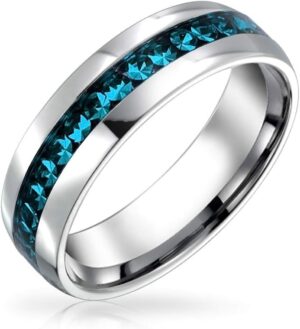 Bling Jewelry Customize Channel Set Crystal Eternity Band Ring Unisex Silver Toned Stainless Steel Birthstone Month Colors 6mm Sizes 5-12