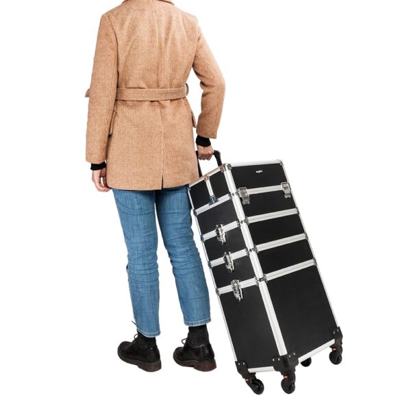 OmySalon 4 in 1 Aluminum Rolling Makeup Train Case, Travel Organizer Cosmetic Case, Cosmetology Display Suitcase Beauty Storage Luggage Lockable w/4 Removable Wheels (Black)