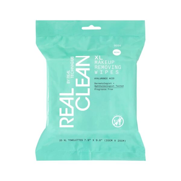 Real Techniques Real Clean XL Hydrating Facial Wipes, Infused With Hyaluronic Acid, Dual-Usage Cleansing Wipes Repair Skin & Gently Remove Makeup, Fragrance Free, 25 Count